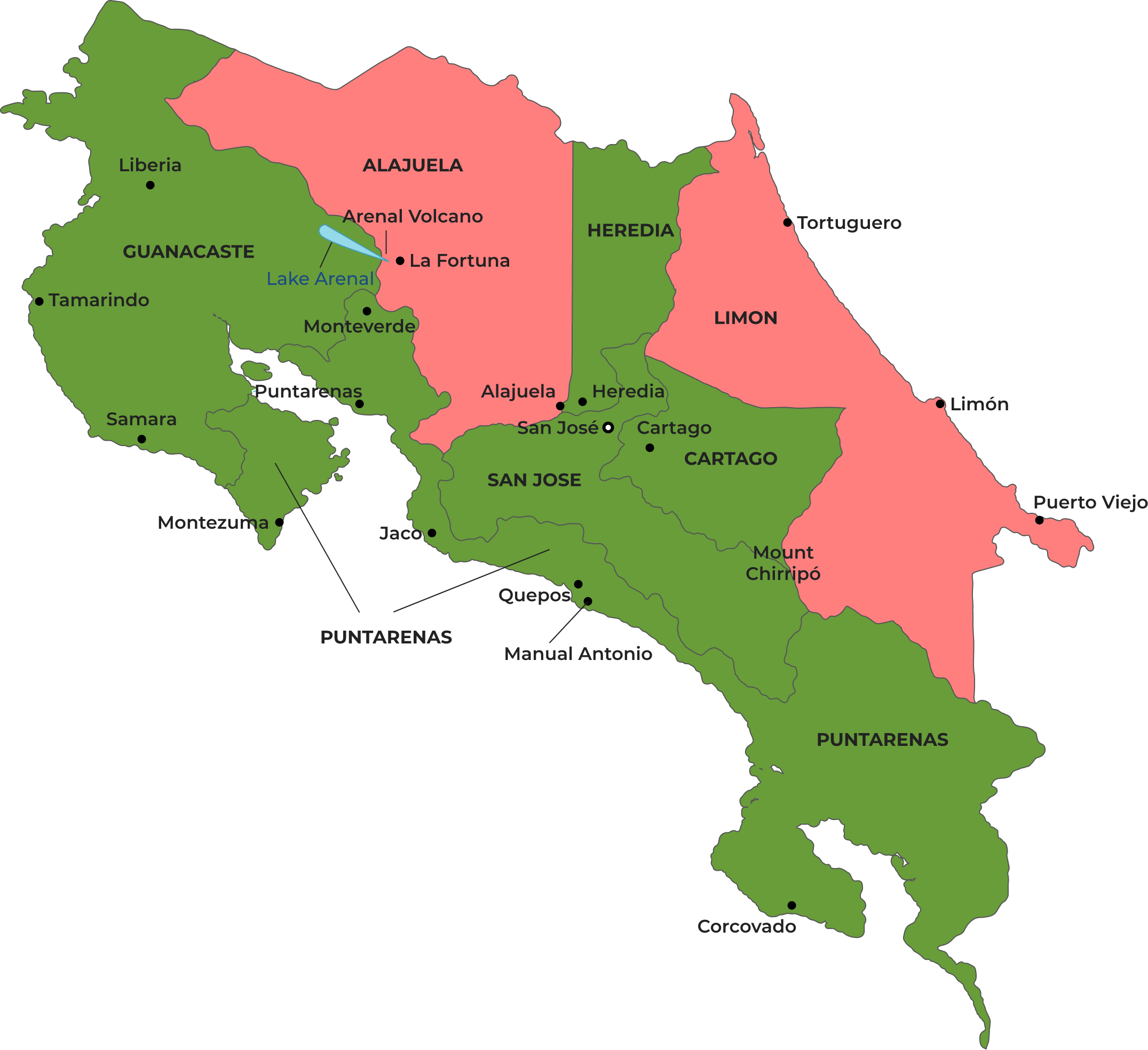 Colour-coded map showing Malaria risk in Costa Rica