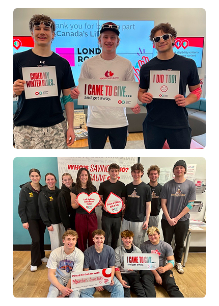 A collage of two pictures of friends celebrating together in donor centres, holding up branded signs after or during their donation, and showing off post-donation arm bandages. 