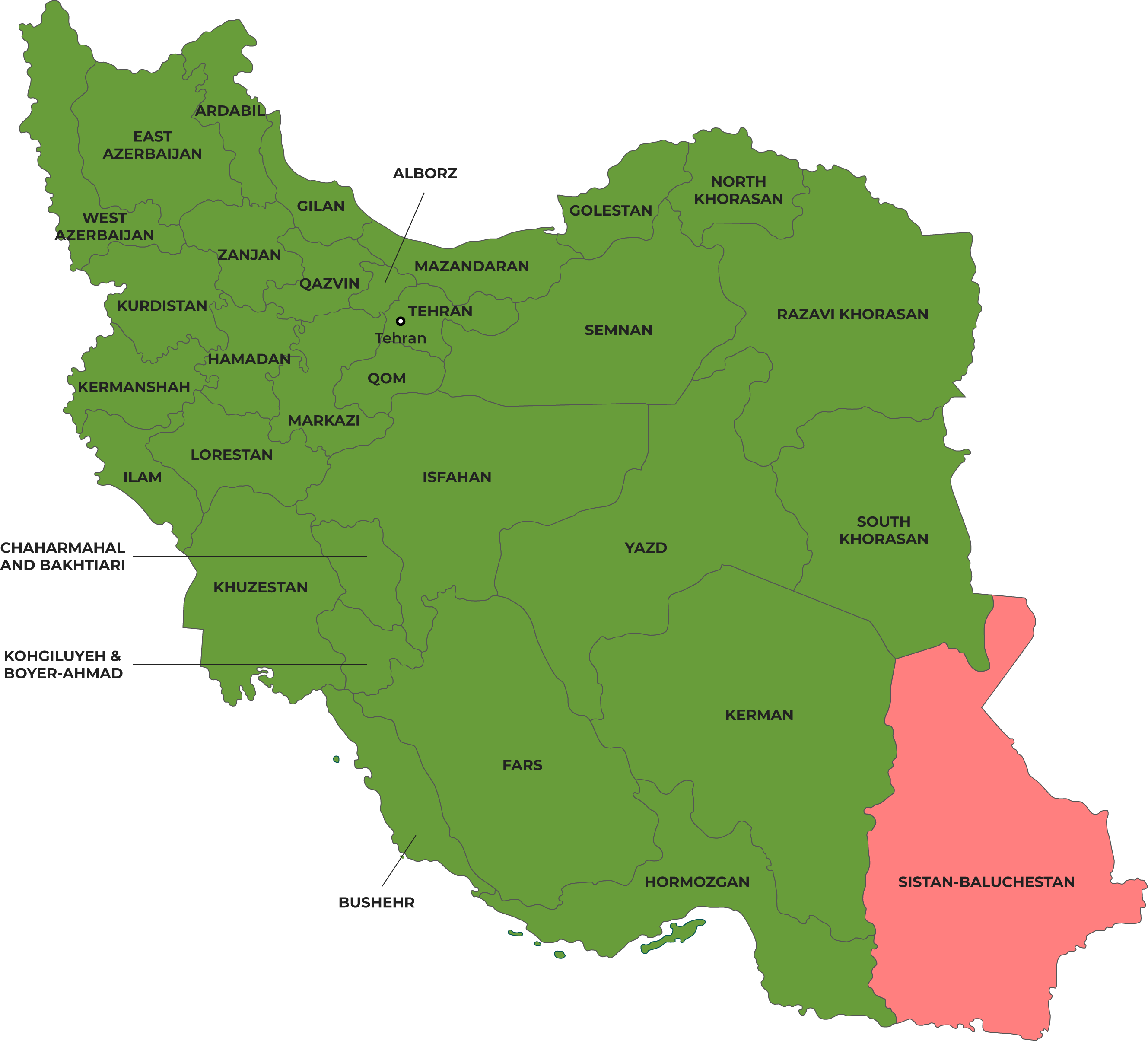 Colour-coded map showing Malaria risk in Iran