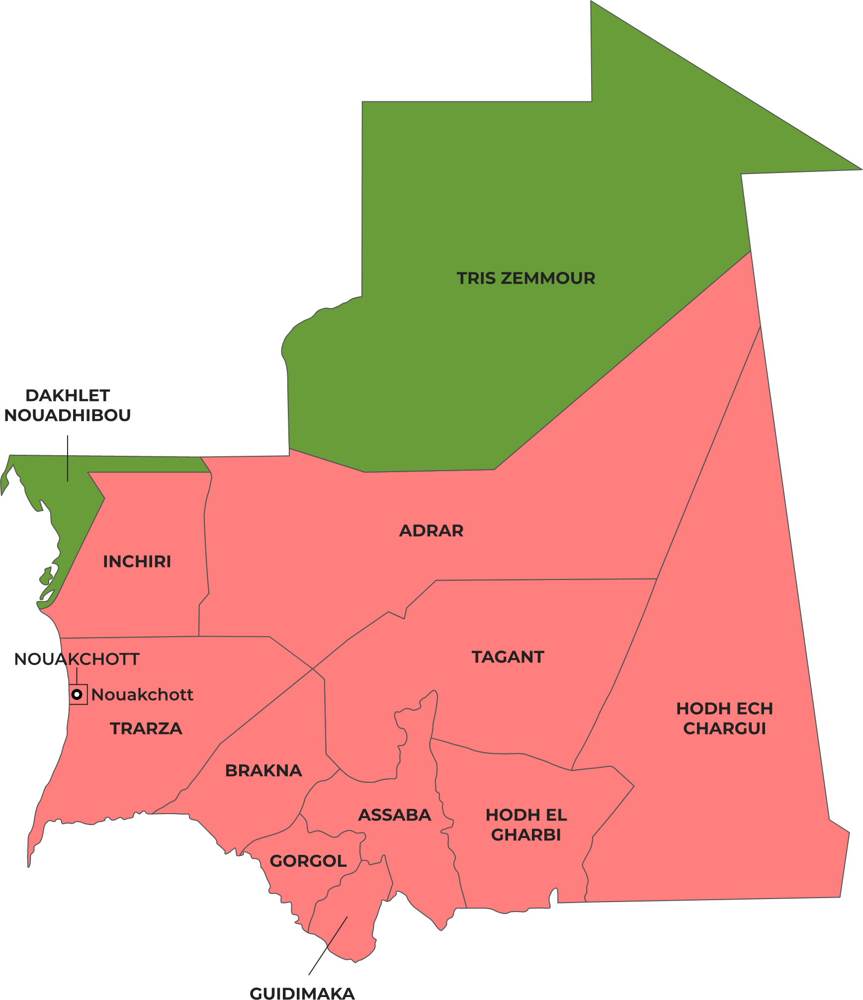 Colour-coded map showing Malaria risk in Mauritania