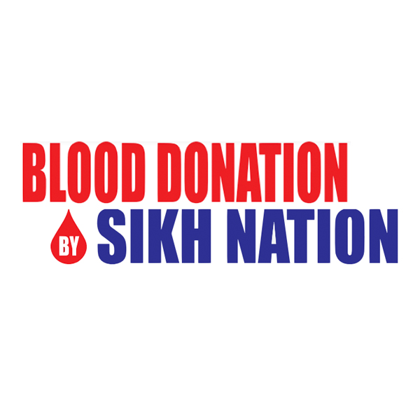 Logo of Sikh Nation in blue words and Blood donation in red words