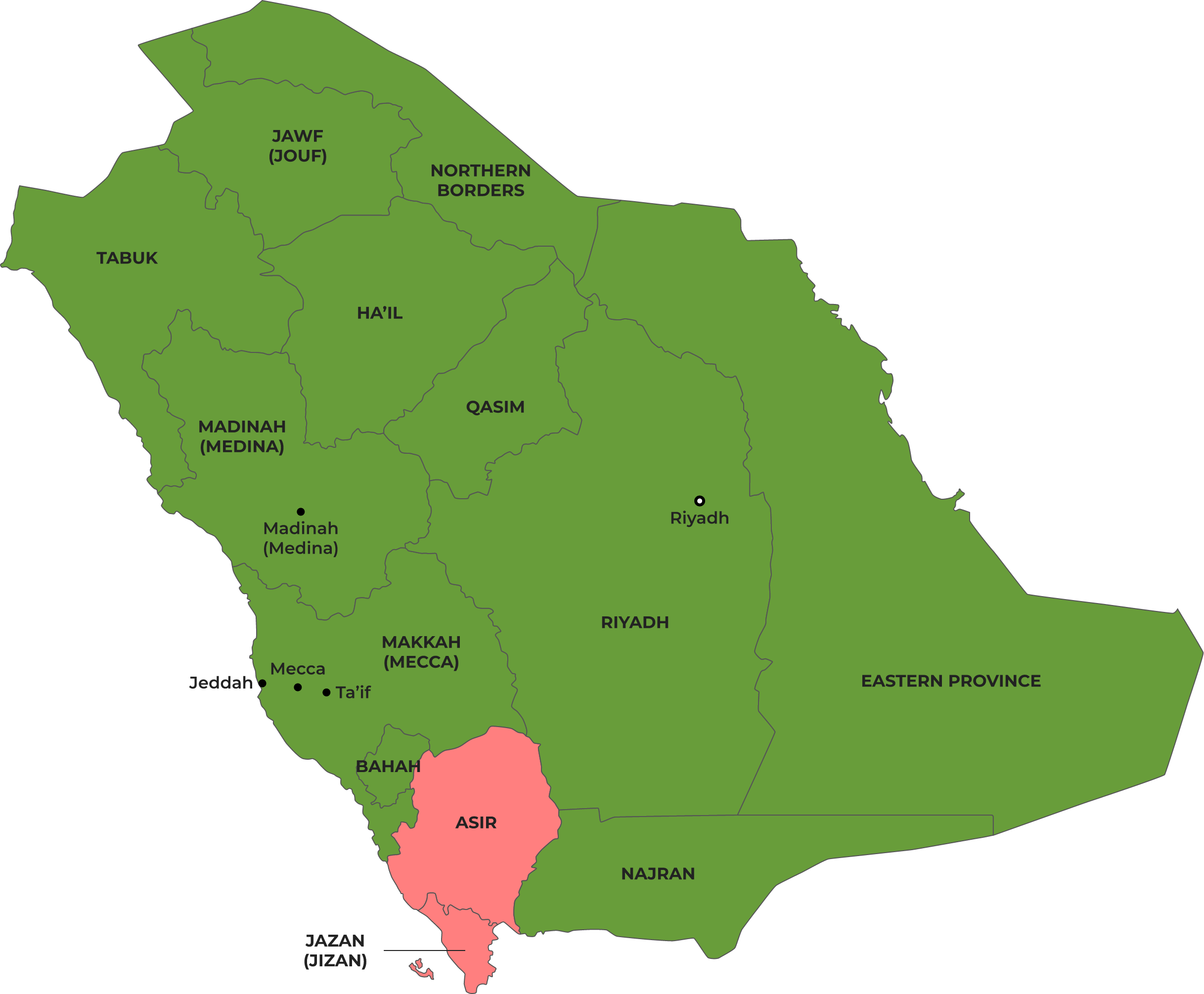 Colour-coded map showing Malaria risk in Saudi Arabia