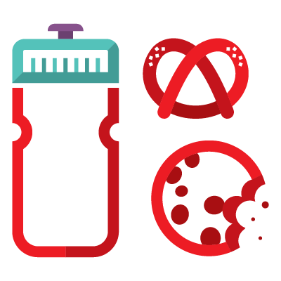Graphic icon of a water bottle and a pretzel and a half eaten cookie all in outlines.