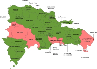 Colour-coded map showing Malaria risk areas in Dominican Republic