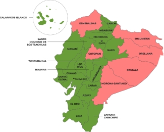 Colour-coded map showing Malaria risk areas in Ecuador