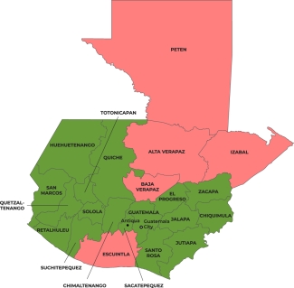 Colour-coded map showing Malaria risk areas in Guatemala
