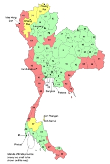 Colour-coded map showing Malaria risk areas in Thailand