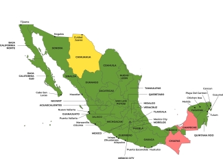 Colour-coded map showing Malaria risk areas in Mexico