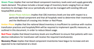 Green Phase implies that normal blood component inventory levels exist and supply generally meets demand.  This phase includes a broad rand of inventory levels ranging from an ideal inventory to shortages that occur periodically and can be managed with existing CBS and hospital / RHA actions. Green Phase Advisory implies that CBS inventory levels are low with respect to a particular blood component and that all hospitals need to determine their inventories and the likelihood of crossing into Amber and Red Phase. Amber Phase implies that the national inventory is insufficient to continue with routine transfusion practices and hospitals / RHA will be required to implement specific measures, as outlined in this document, in order to reduce blood usage. Red Phase implies that blood inventory levels are insufficient to ensure that patients with non-elective indications for transfusion will receive the required transfusion(s). Recover Phase implies that blood component inventories have begun to increase and are expected to be maintained at a level.