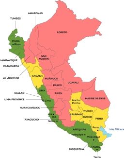 Colour-coded map showing Malaria risk areas in Peru