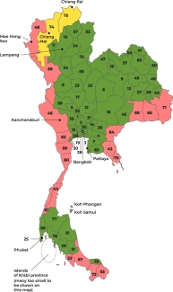 Colour-coded map showing Malaria risk areas in Thailand