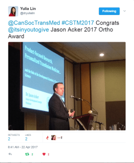 @CanSocTransMed #CSTM2017 Congrats @itsinyoutogive Jason Acker 2017 Ortho Award