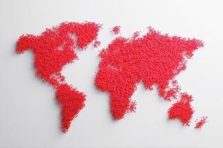Poster of a world map on white background with red dots representing the land for Global matters 