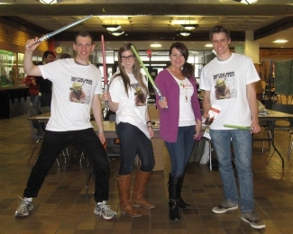 Warren Fingrut (left), Cassandra DeLuka of Canadian Blood Services’ OneMatch Stem Cell and Marrow Network (centre-right) along with two UBC medical students at a "May the swab be with you" recruitment event in 2014.     (Photo courtesy of W