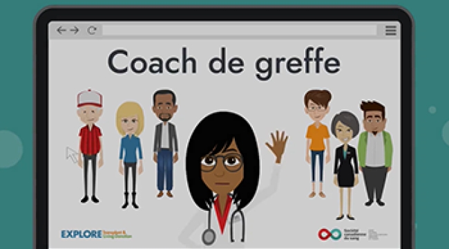 Écran Coach de greffe : images d’une docteure, de donneurs et de receveurs potentiels d’organes